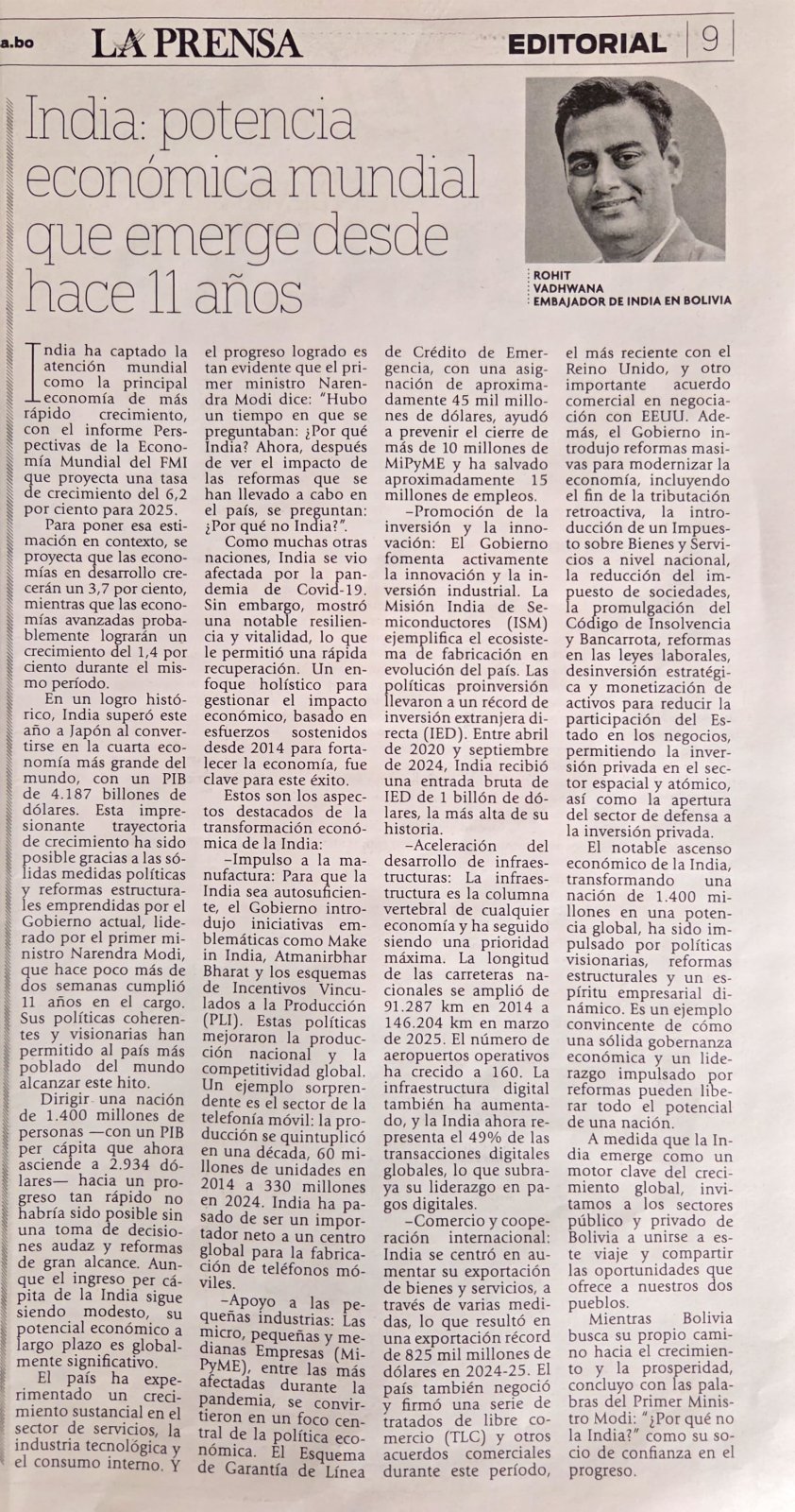 Ambassador's Article in La Prensa Newspaper on 15 June 2025