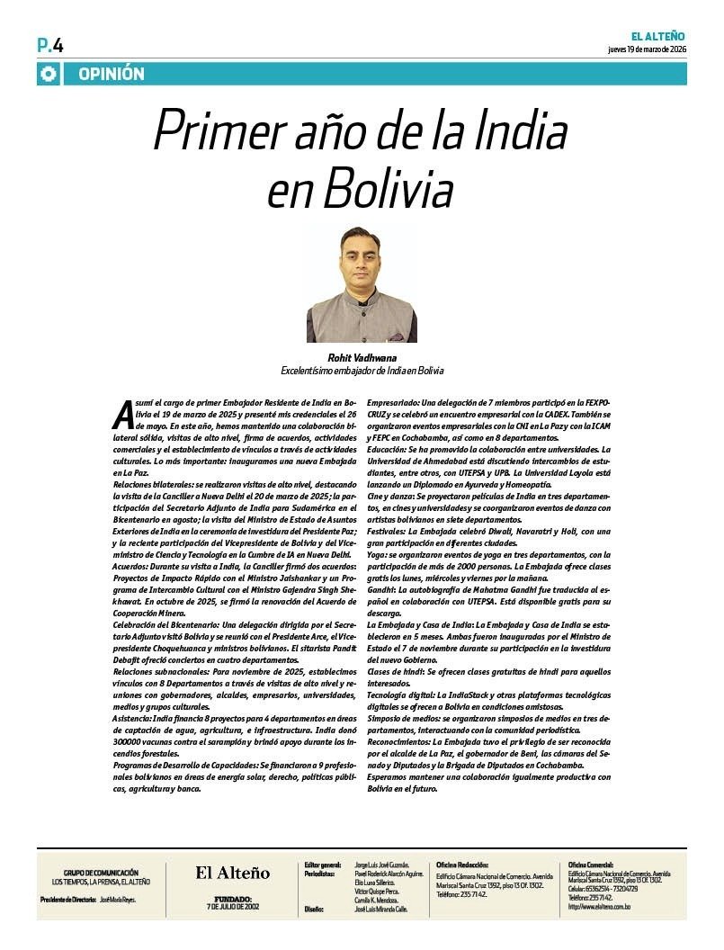Primer año de la India en Bolivia-El Alteno