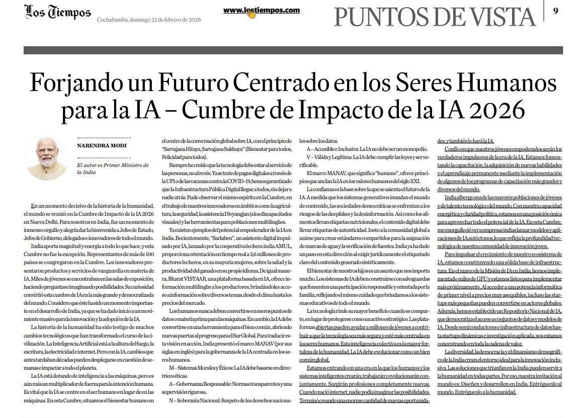 Articles written by Hon'ble Prime Minister of India on AI Impact Summit 2026