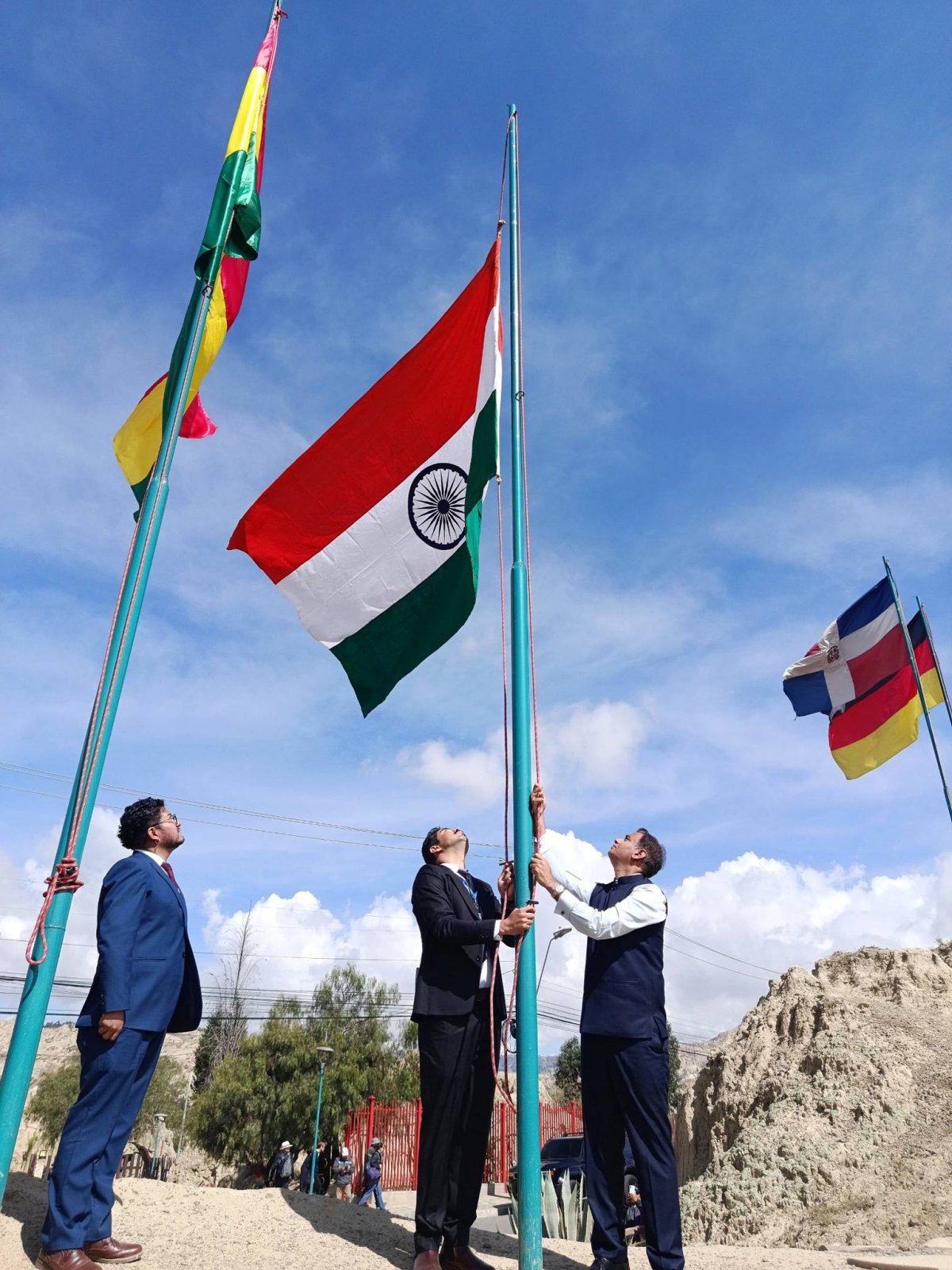 The Indian National Flag was installed by Ambassador H.E. Mr. Rohit Vadhwana at the iconic Moon Valley of La Paz on 14.04.2026.