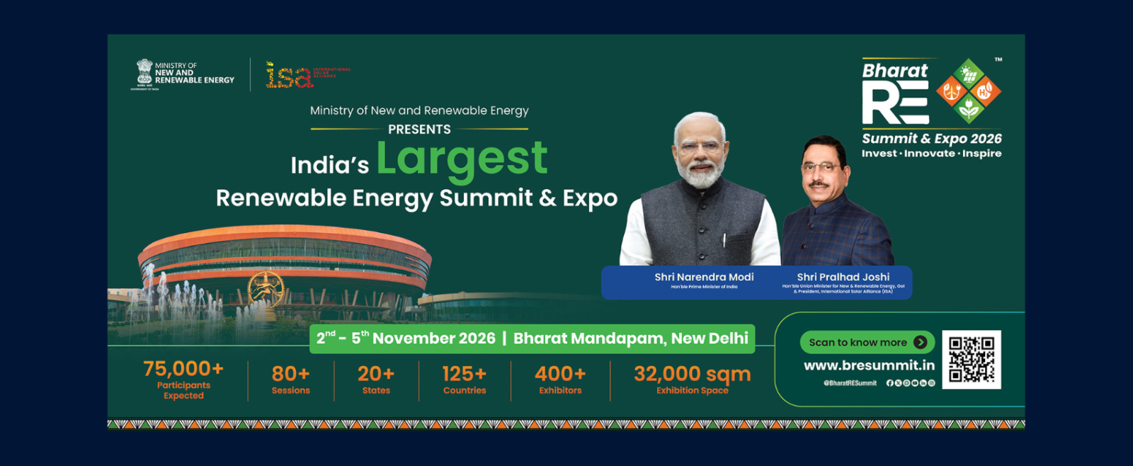 Join the Bharat Renewable Energy Summit & Expo (BRESE) 2026, taking place in New Delhi from 2 to 5 November 2026, to explore opportunities for collaboration, innovation, and partnerships in the renewable energy sector.