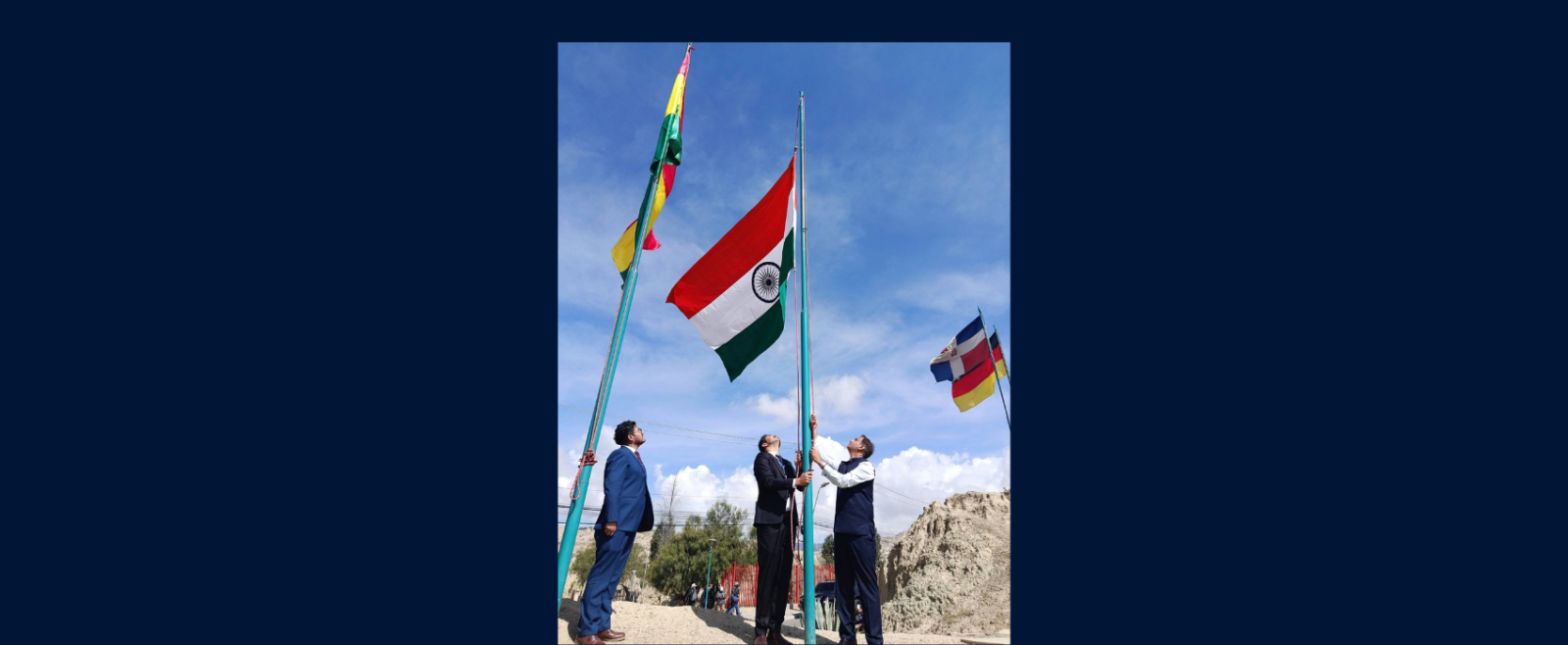 The Indian National Flag was installed by Ambassador H.E. Mr. Rohit Vadhwana at the iconic Moon Valley of La Paz on 14.04.2026.